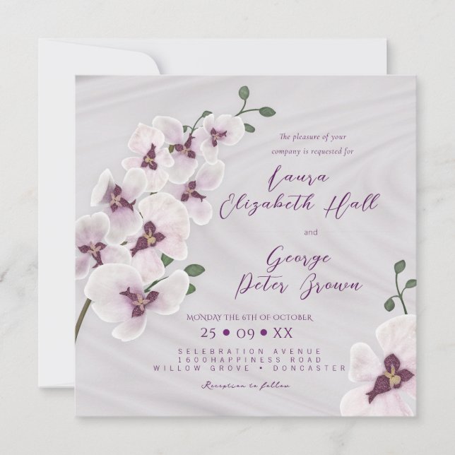 Elegante tarjeta de invitación a la boda de orquíd (Anverso)