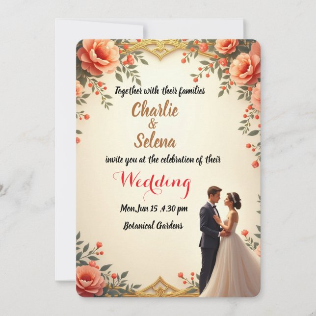 Elegante tarjeta de invitación a la boda floral (Anverso)