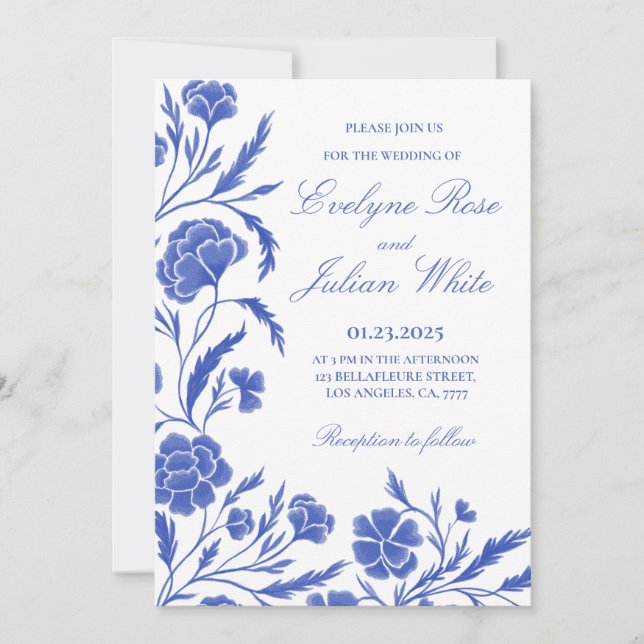 Elegante tarjeta de invitación a la boda floral az (Anverso)