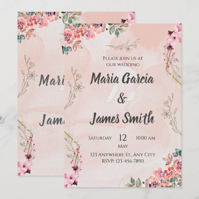 Elegante tarjeta de invitación a la boda floral ro (Anverso / Reverso)