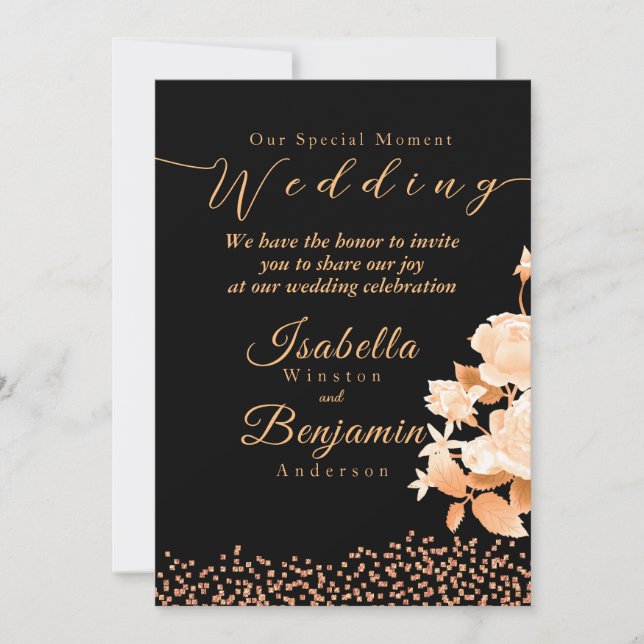 Elegante tarjeta de invitación a la boda negra Ros (Anverso)
