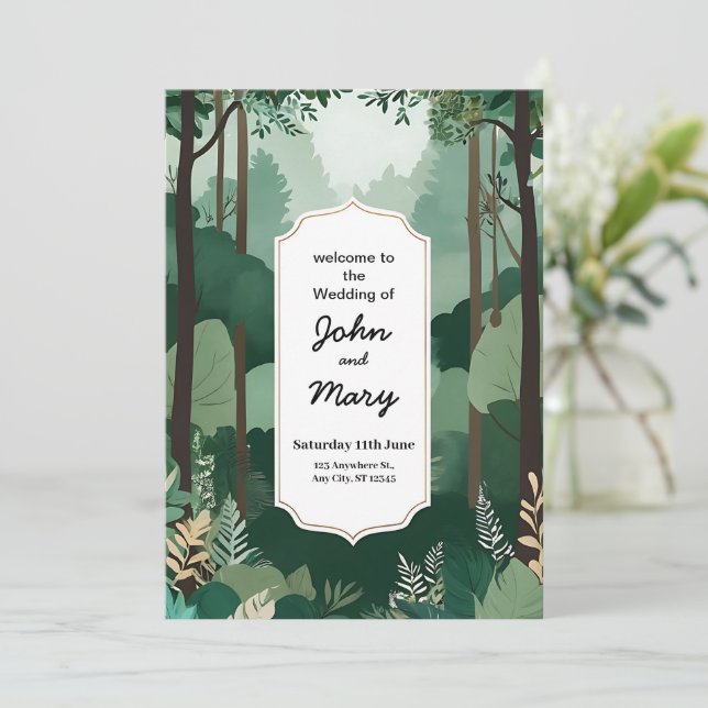 Elegante tarjeta de invitación a la boda verde y b (Anverso de pie)