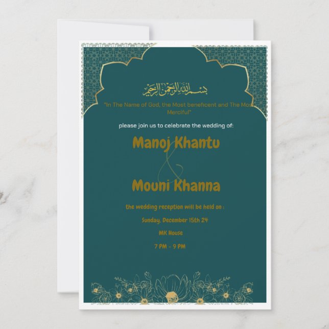 Elegante tarjeta de invitación a la Boda Verde y O (Anverso)