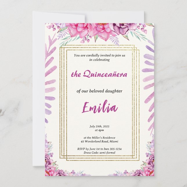 Elegante Tarjeta de Invitación a Quinceañera Flora (Anverso)