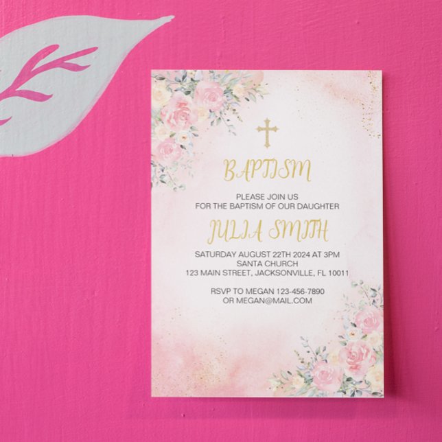 Elegante tarjeta de invitación al bautismo floral  (pink gold floral baptism card)