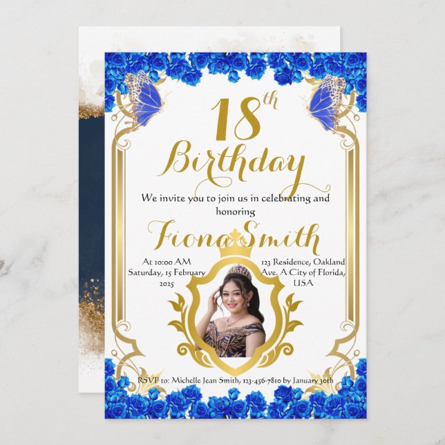 Elegante Tarjeta de invitación al cumpleaños Royal (Anverso / Reverso)