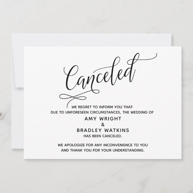 Elegante tarjeta de Invitación Boda cancelada (Anverso)