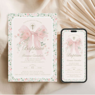 Elegante Tarjeta de Invitación de Bautizo con Lazo