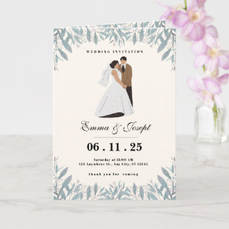 Elegante tarjeta de invitación de boda con novia y