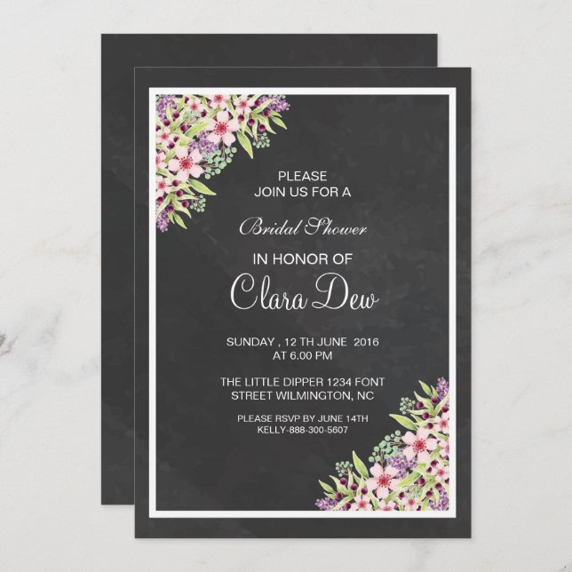 Elegante Tarjeta de Invitación de Ducha Marrón Flo (Anverso / Reverso)