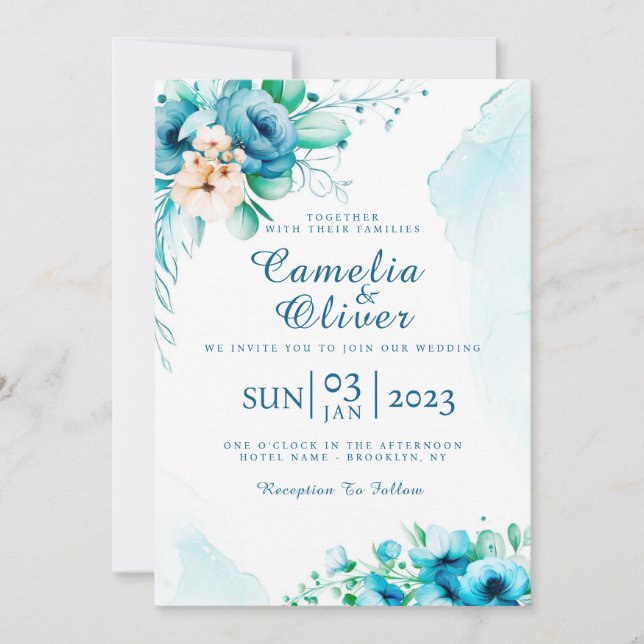 Elegante tarjeta de invitación floral azul (Anverso)