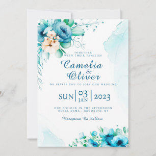 Elegante tarjeta de invitación floral azul