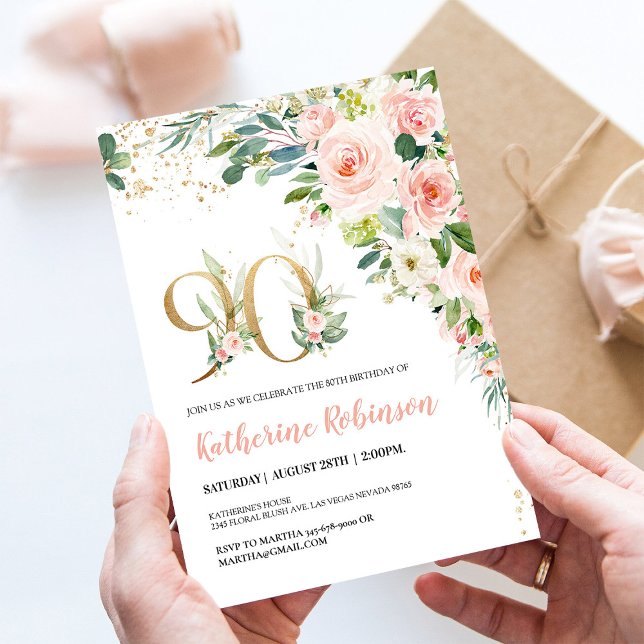 Elegante Tarjeta de Invitación Floral para sus 90  (Subido por el creador)