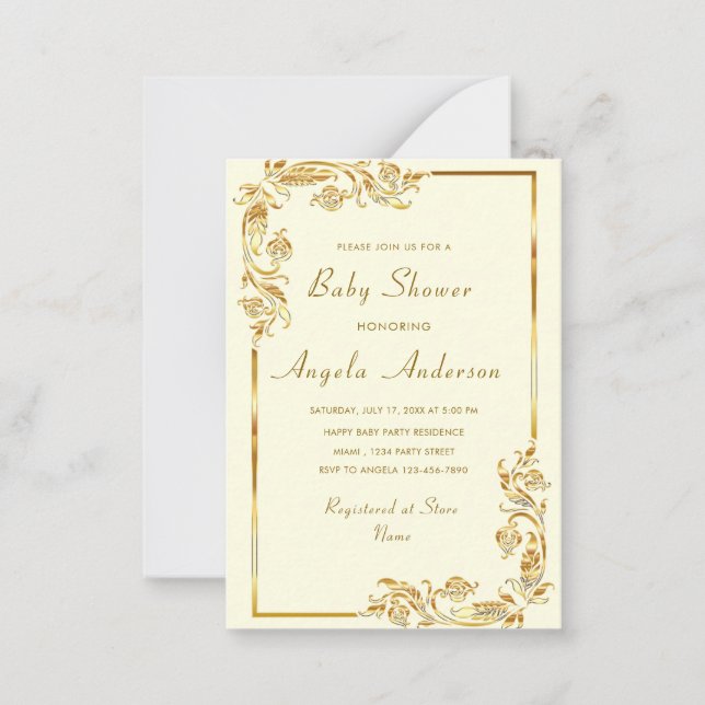 Elegante tarjeta de invitación para bebé de oro (Anverso)