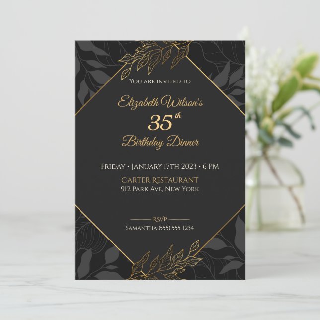 Elegante tarjeta de invitación para cumpleaños neg (Anverso de pie)