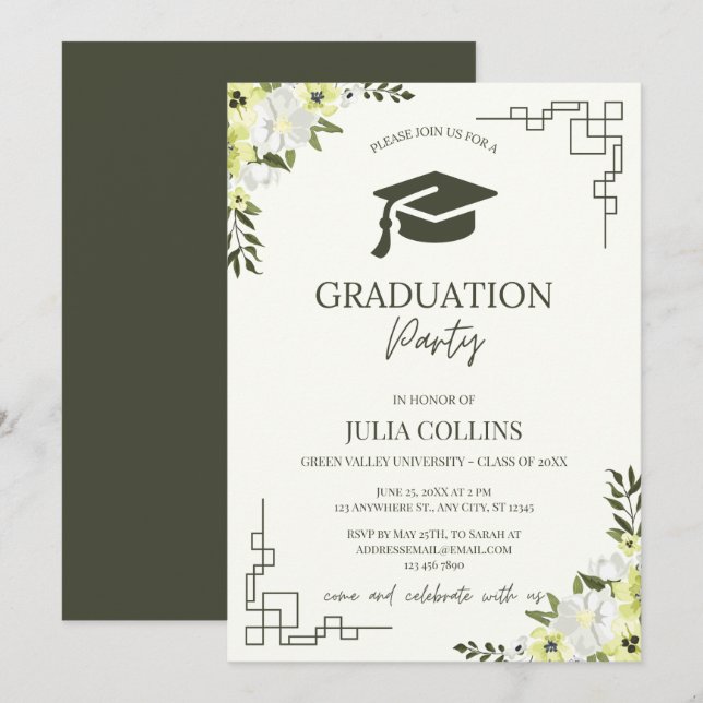 Elegante Tarjeta de invitación para fiesta de grad (Anverso / Reverso)