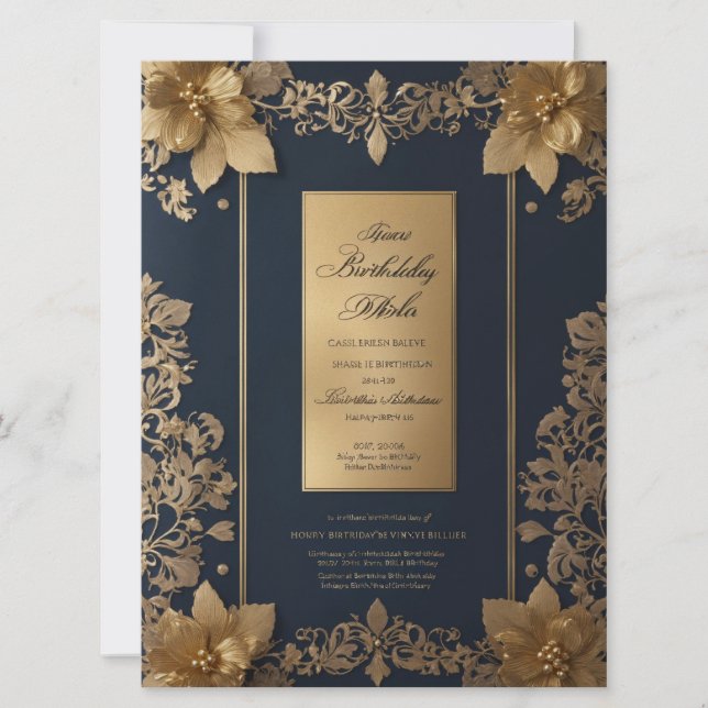 Elegante tarjeta de invitación real azul y dorada (Anverso)