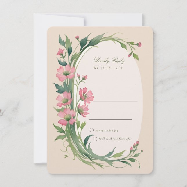 Elegante tarjeta de invitación RSVP de boda rosa (Anverso)