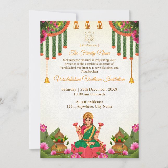 Elegante tarjeta de invitación Varalakshmi Vratham (Anverso)