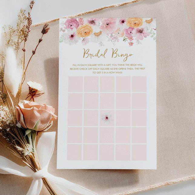 Elegante tarjeta de juego de bingo de novia floral (Pink floral Bridal Bingo Card)