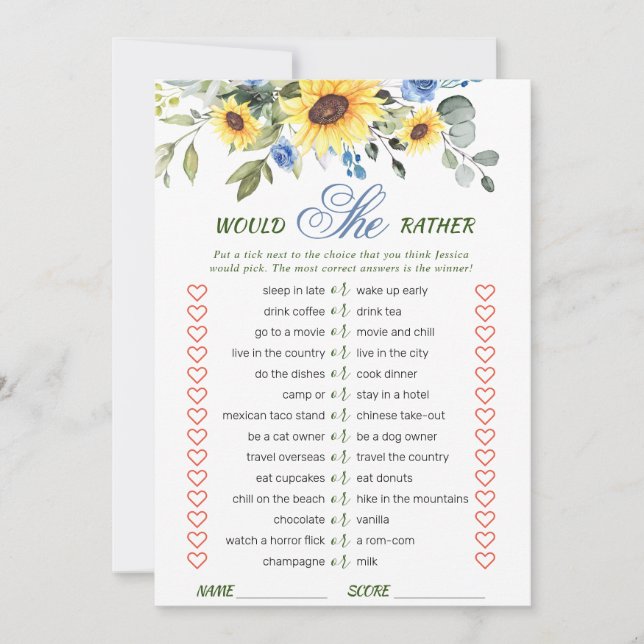 Elegante tarjeta de juego Sunflowers Bridal Shower (Anverso)