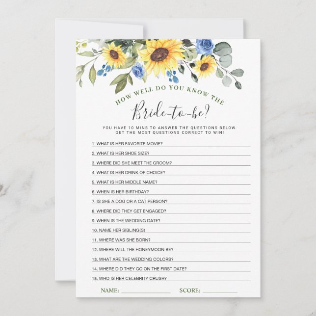 Elegante tarjeta de juego Sunflowers Bridal Shower (Anverso)