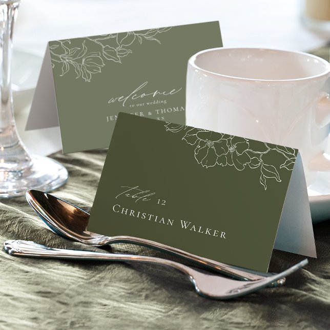 Elegante tarjeta de la plaza verde de salvia flora (Elegant hand drawn floral sage green Place Card)