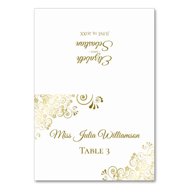 Elegante tarjeta de lugar de Boda dorado y blanco (Anverso)
