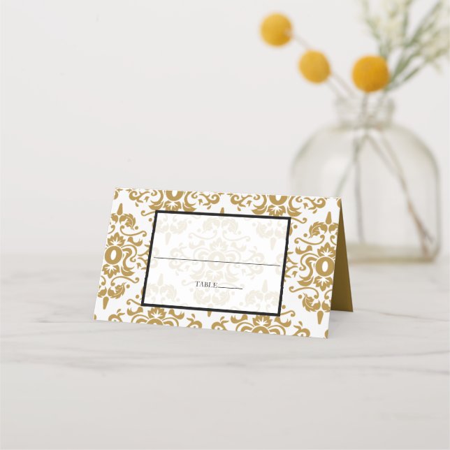 Elegante tarjeta de lugar de bodas de oro negro (Anverso)