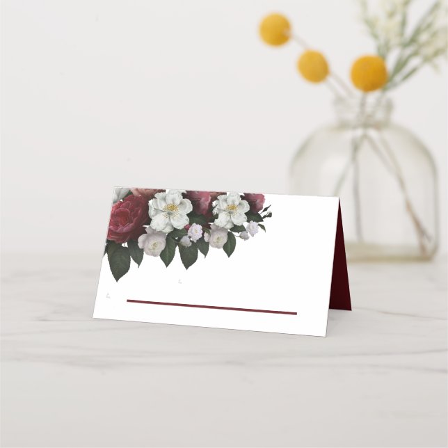 Elegante tarjeta de lugar plegado de floral borgoñ (Anverso)