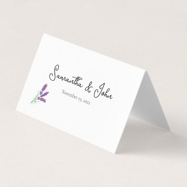Elegante tarjeta de lugar plegado de lavanda - Per (Anverso)