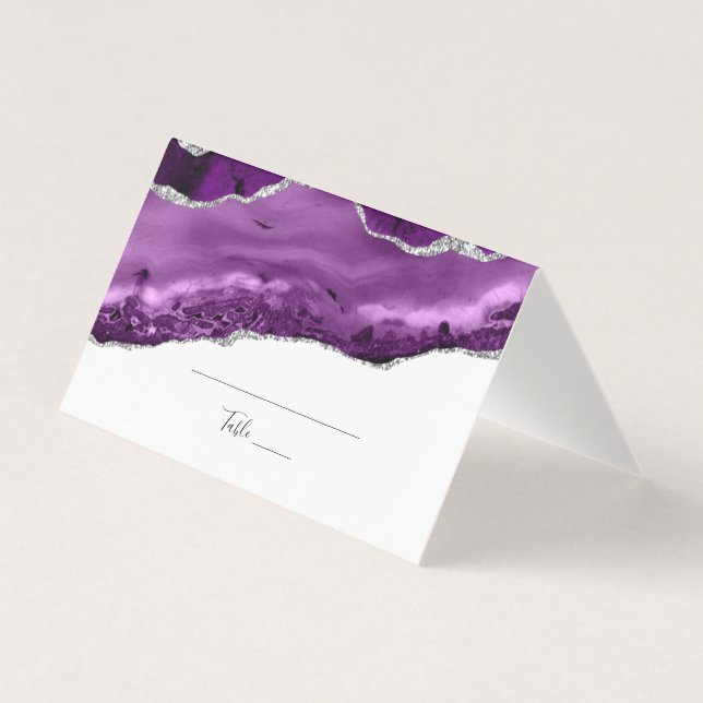 Elegante tarjeta de lugar plegado de plata morada (Anverso)