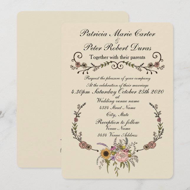 Elegante tarjeta de matrimonio con flores silvestr (Anverso / Reverso)