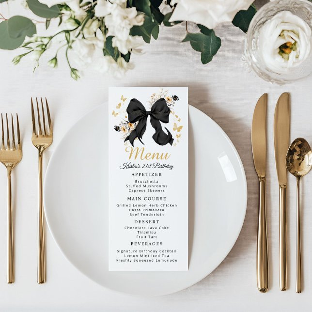 Elegante tarjeta de menú Black Coquette Bow Wildfl (Elegant Black Bow Coquette Menu card)