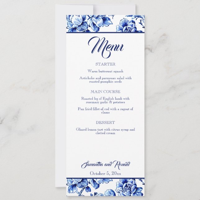 Elegante tarjeta de menú Boda Blue Floral Toile (Anverso)