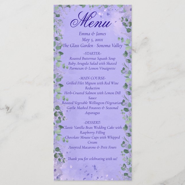 Elegante tarjeta de menú Boda con flores moradas (Anverso)