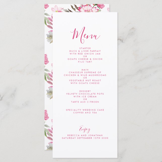 Elegante tarjeta de menú Boda de acuarela rosa flo (Anverso / Reverso)