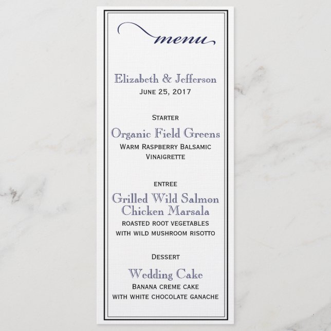 Elegante tarjeta de menú Boda de escritura azul y  (Anverso)