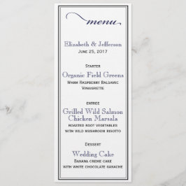 Elegante tarjeta de menú Boda de escritura azul y 