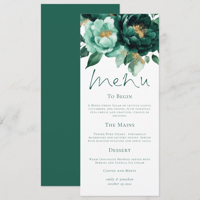 Elegante tarjeta de menú Boda de Florals de Esmera (Anverso / Reverso)