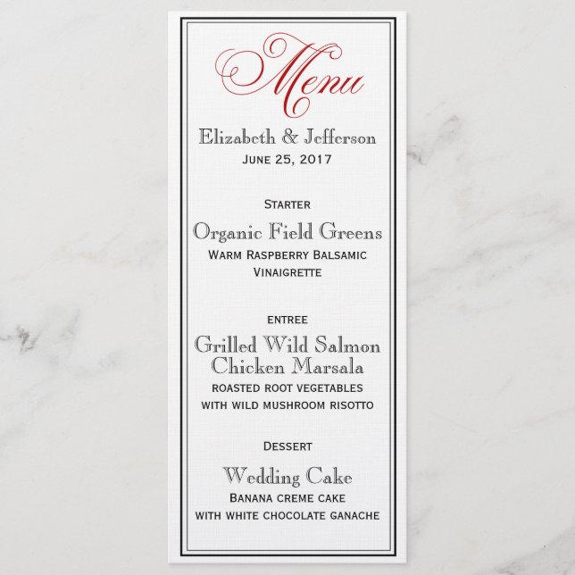 Elegante tarjeta de menú Boda de guiones blancos y (Anverso)