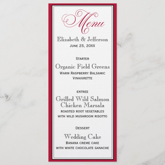 Elegante tarjeta de menú Boda de guiones blancos y (Anverso)