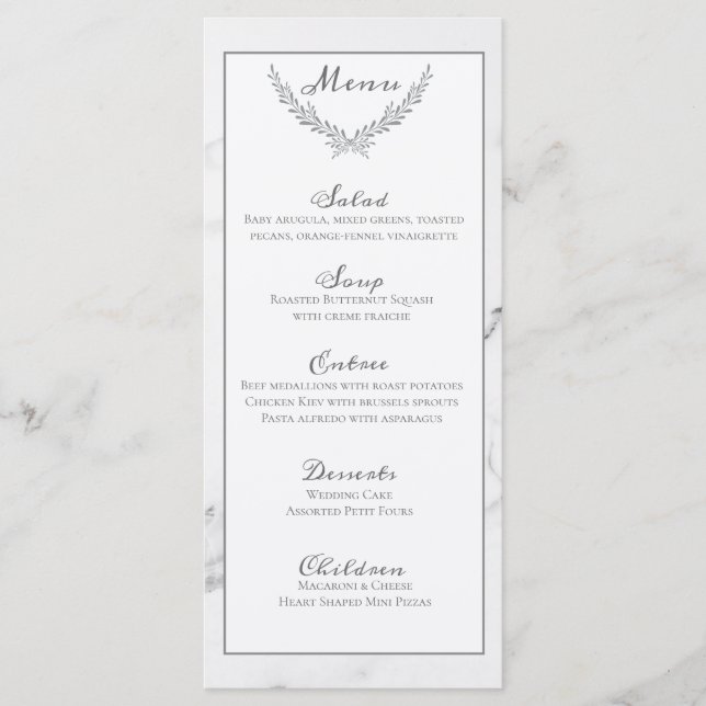 Elegante tarjeta de menú Boda de mármol y corteza (Anverso)
