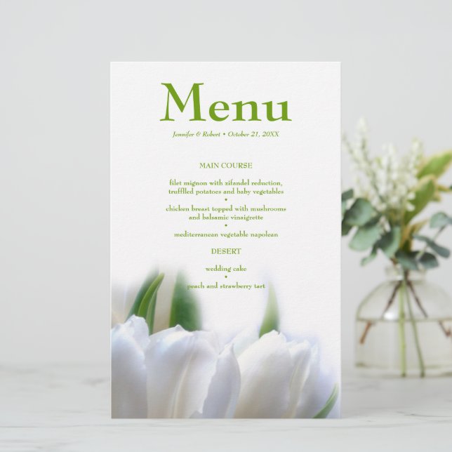 Elegante tarjeta de menú Boda de tulipanes blancos (Anverso de pie)