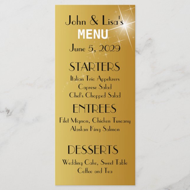 Elegante Tarjeta de menú Boda dorado Personalizado (Anverso)