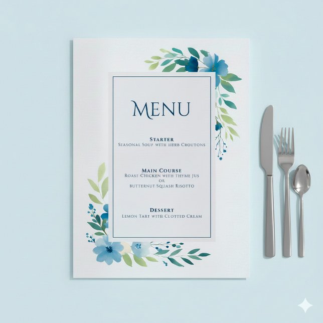 Elegante tarjeta de menú Boda floral azul (Blue flowery wedding menu.)