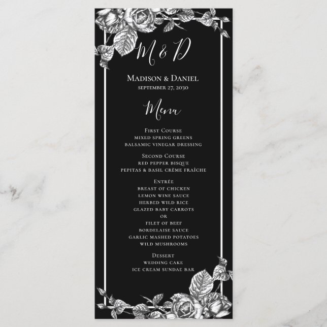 Elegante tarjeta de menú Boda floral blanco negro (Anverso)