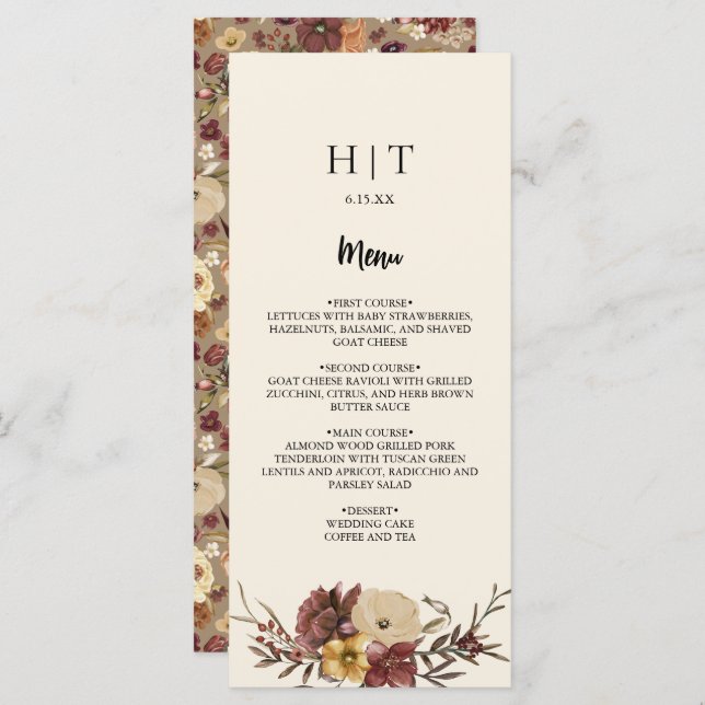 Elegante tarjeta de menú Boda floral de otoño (Anverso / Reverso)