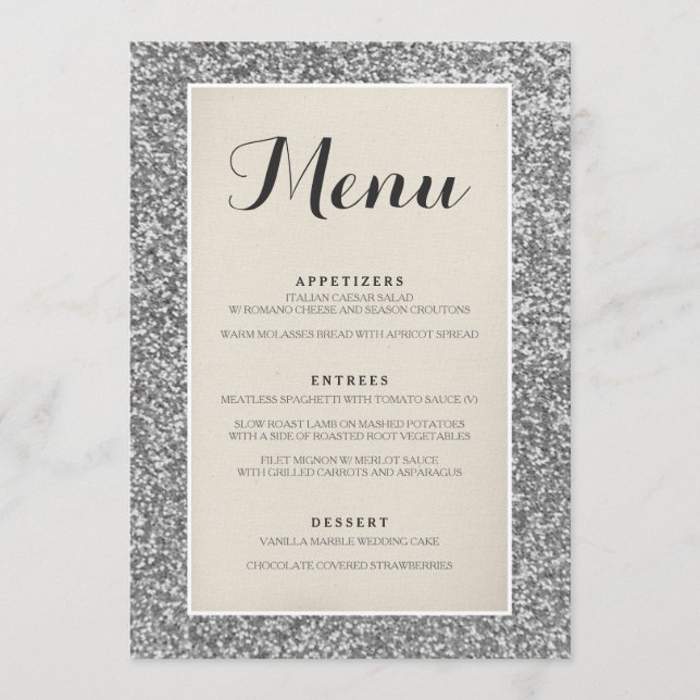 Elegante tarjeta de menú Boda Purpurina plateado (Anverso)