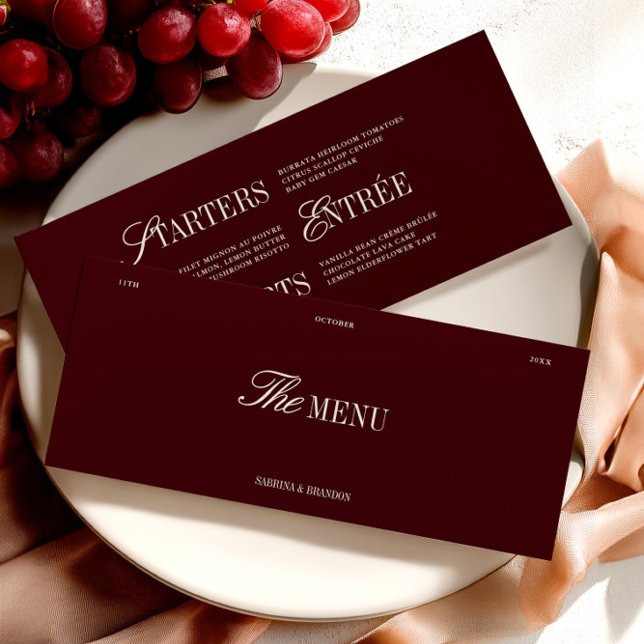 Elegante tarjeta de menú Borgoña y Boda de marfil (Elegant Burgundy & Ivory Wedding Dinner Menu Card)